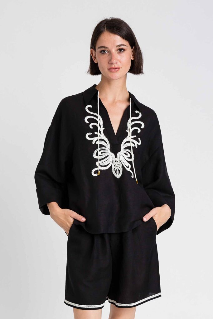 Къс панталон от ленена смес с бродерия Twinset
