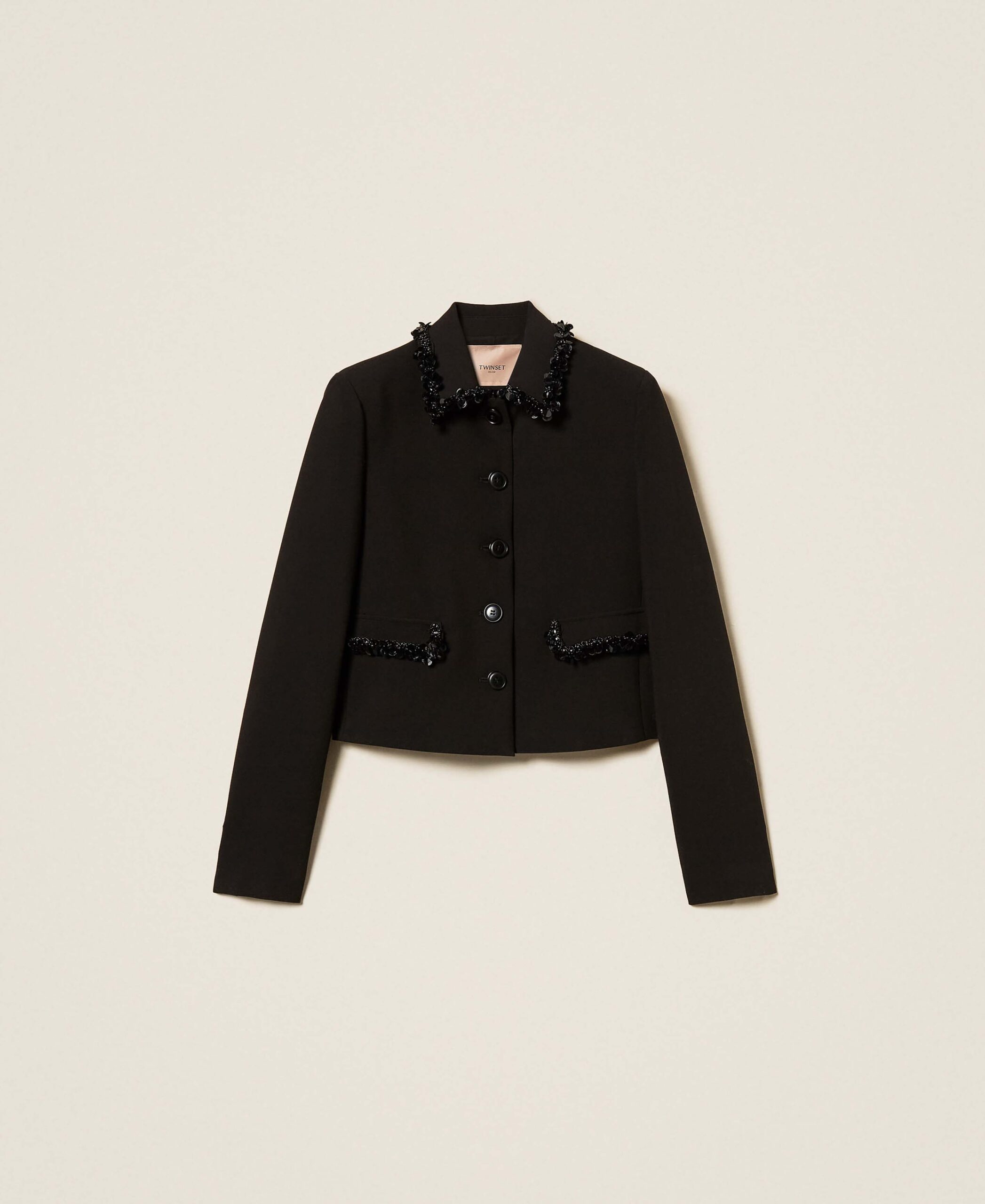 252TT2230_00006_S0 Късо яке от креп с бродерия Twinset