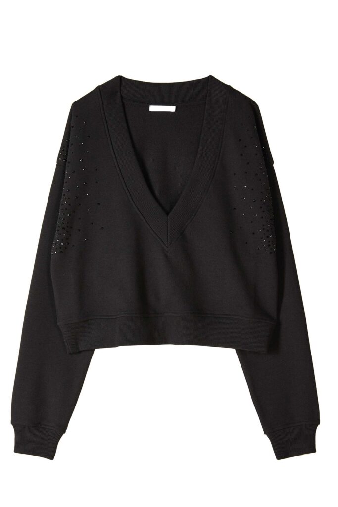 Суитшърт с V-образно деколте и кристали Patrizia Pepe, бял