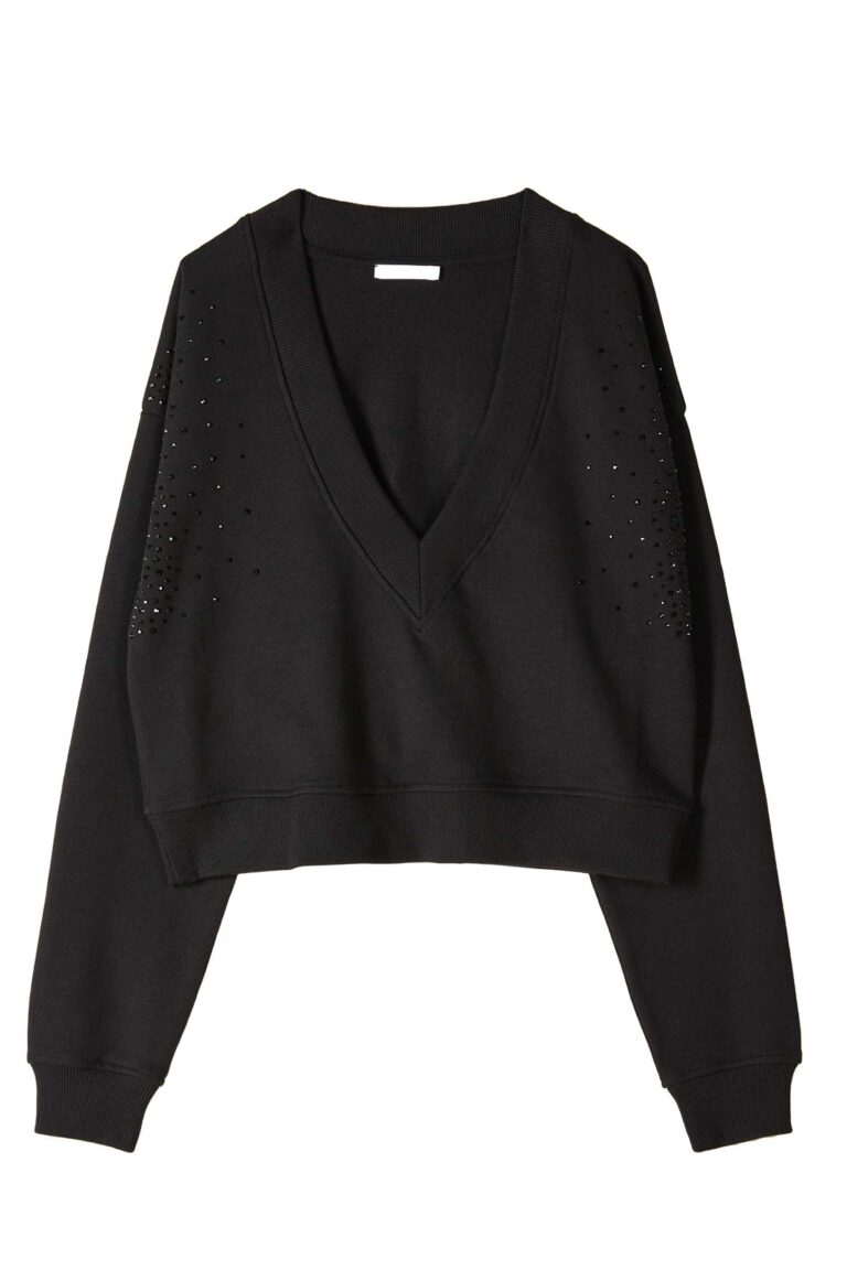 Суитшърт с V-образно деколте и кристали Patrizia Pepe, бял